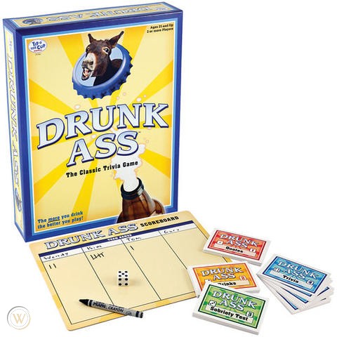 front of box and contents of drunk ass trivia game