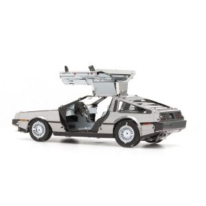 side of delorean steel model kit assembled with doors open