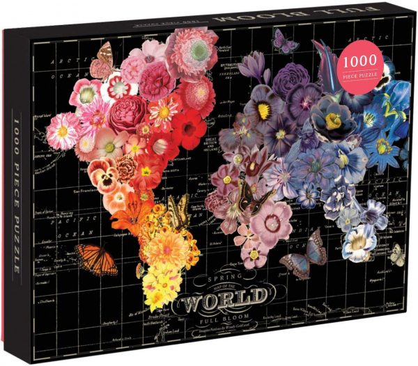 front of box of the world made out of flower puzzle