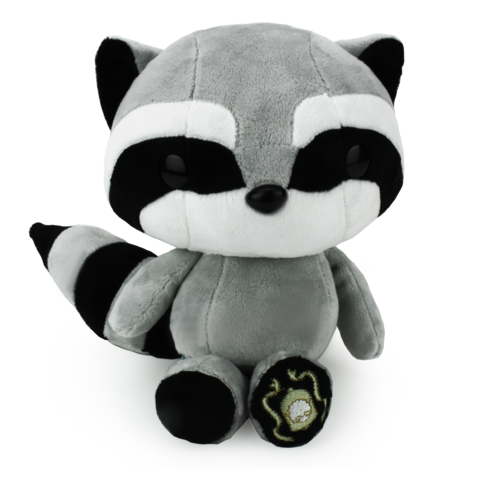 raccoon hugging stuffed animal