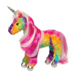 rainbow colored plush unicorn with pink mane