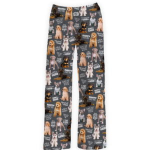 gray lounge pants with dogs on them