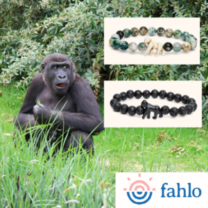 gorilla in grass with two bracelets from fahlo
