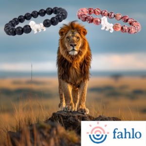 lion on a rock with two bracelets from fahlo