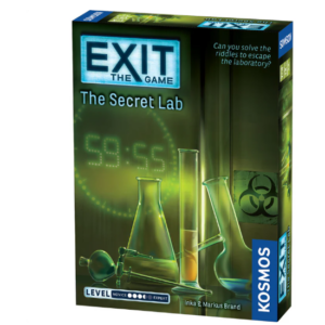 front of box of exit game the secret lab