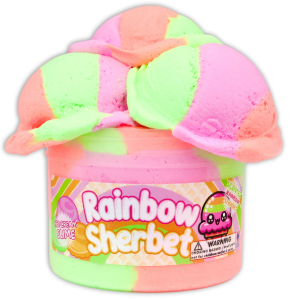 slime that looks like rainbow sherbet coming out of container