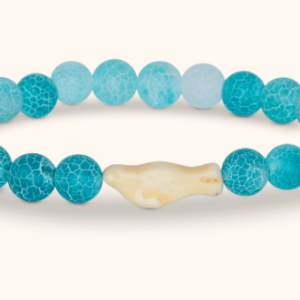 aqua blue beaded bracelet with a seal on it