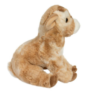 side view of goat stuffed animal tan and white