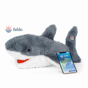 grey and white shark with red mouth stuffed animal