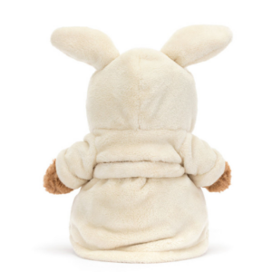 back of stuffed bear with cream colored robe with bunny ears