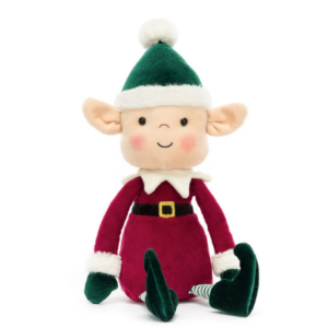 eldo elf plush from jellycat with red suit, green hat and boots