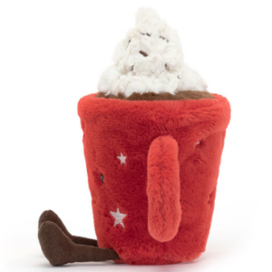 side view of hot cocoa plush in a red mug with whipped cream