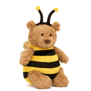 front of bartholomew bear with a bumblebee costume