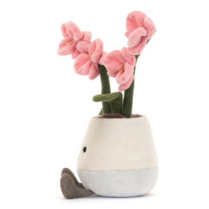 side view of pink orchid plush in cream pot