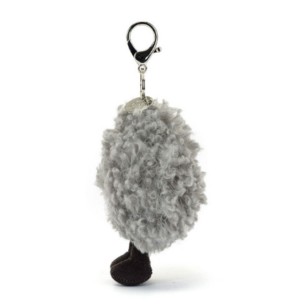 side view of gray fluffy cloud bag charm from jellycat