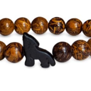 wood tone bead bracelet with a wolf