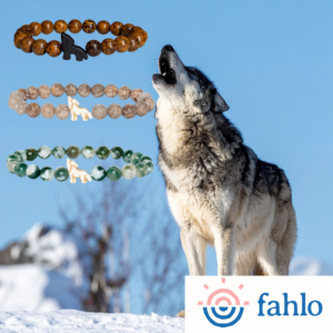 wolf with blue and snow background and three bracelets