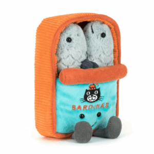 two sardines in an orange plush tin