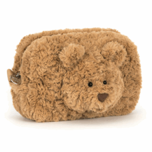 front of bartholomew bear pouch with face from jellycat