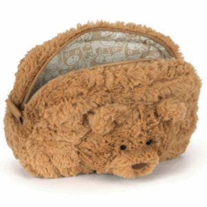 open bartholomew bear fur pouch from jellycat