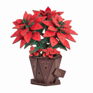 red poinsettia wood flower with brown pot