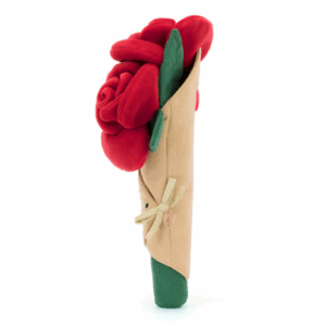 side view of plush red roses in a tan wrap