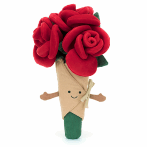 plush red roses in tan wrap, green stem and smiley face