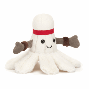 front of plush badminton birdie with face and arms