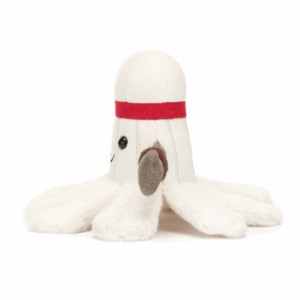 side view of plush white badminton birdie