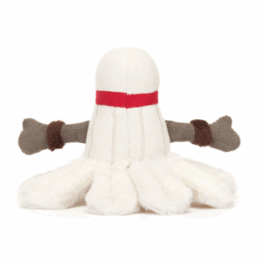 back side of plush badminton birdie with arms and red headband