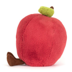 side view of a red plush apple with green leaf and legs