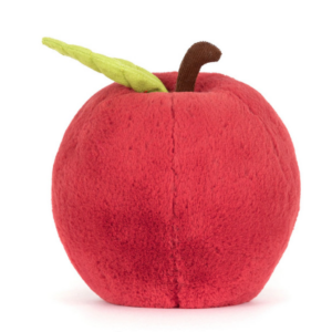 back side of a red plush apple from Jellycat