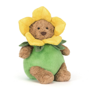brown plush bear from jellycat in a daffodil outfit