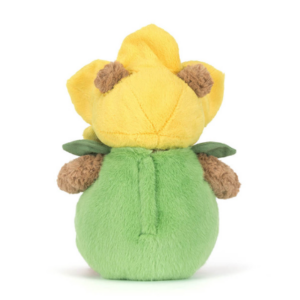 back view of brown bear plush with green and yellow flower outfit